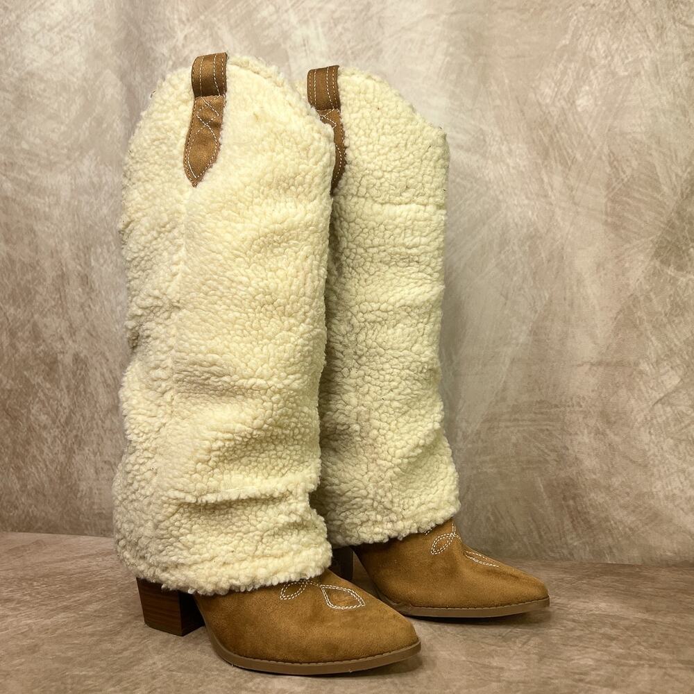 Y2K Sherpa Calf High Boots Cuffed Faux Fur Suede Embroidered Boho Western Folk